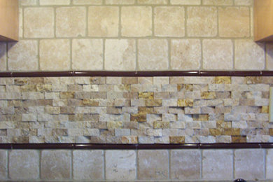 Inspiration for a mid-sized timeless kitchen remodel in Atlanta with beige backsplash and stone tile backsplash