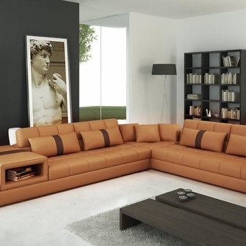 Camel and Brown Bonded Leather Sectional Sofa with Pillows