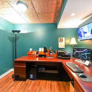 Modelo de sótano con puerta tradicional, pequeño, con paredes verdes, moqueta, chimenea tradicional y marco de chimenea de piedra