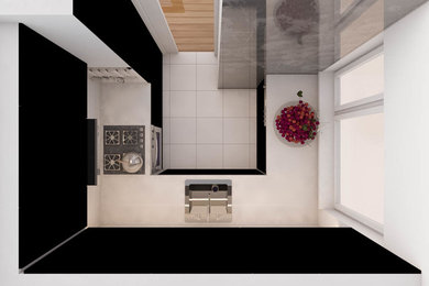 Enclosed kitchen - small modern u-shaped ceramic tile and white floor enclosed kitchen idea in Other with a drop-in sink, flat-panel cabinets, black cabinets, solid surface countertops, white backsplash, glass sheet backsplash, stainless steel appliances and no island