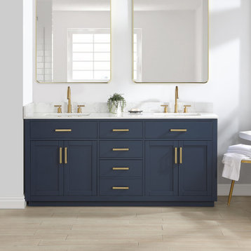 Gavino Vanity With Grain White Composite Stone Top, Royal Blue/Brushed Gold, 72", No Mirror