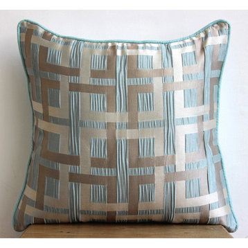 Sea Green Sofa Pillow Covers Maze 20"x20" Jacquard Weave Silk, Opulence