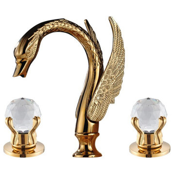 Gold Swan Basin Faucet Luxury Deck Mounted Dual Crystal Handle Mixer Tap, Golden