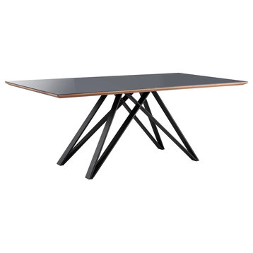 Annecy Mid-Century Dining Table, Matte Black With Walnut & Gray Glass Top
