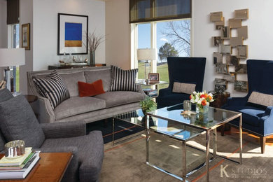 Example of a transitional open concept living room design in Denver with a bar