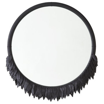 Couture Round Leather Feather Fringe Wall Mirror 36", Black