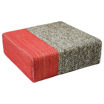 Ira Handmade Wool Braided Square Pouf, Natural/Living Coral