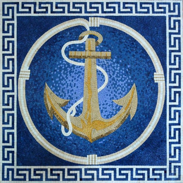 Bright Anchor on A Blue Background Marble Mosaic, 35"x35"