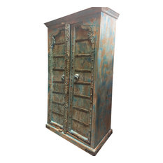 Mogulinterior - Consigned Farmhouse  Antique Arched Door Cabinet Blue Distressed Armoire - Armoires and Wardrobes