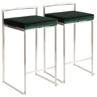 LumiSource Fuji Counter Stool Set of 2, Green Velvet Cushion, Steel Frame