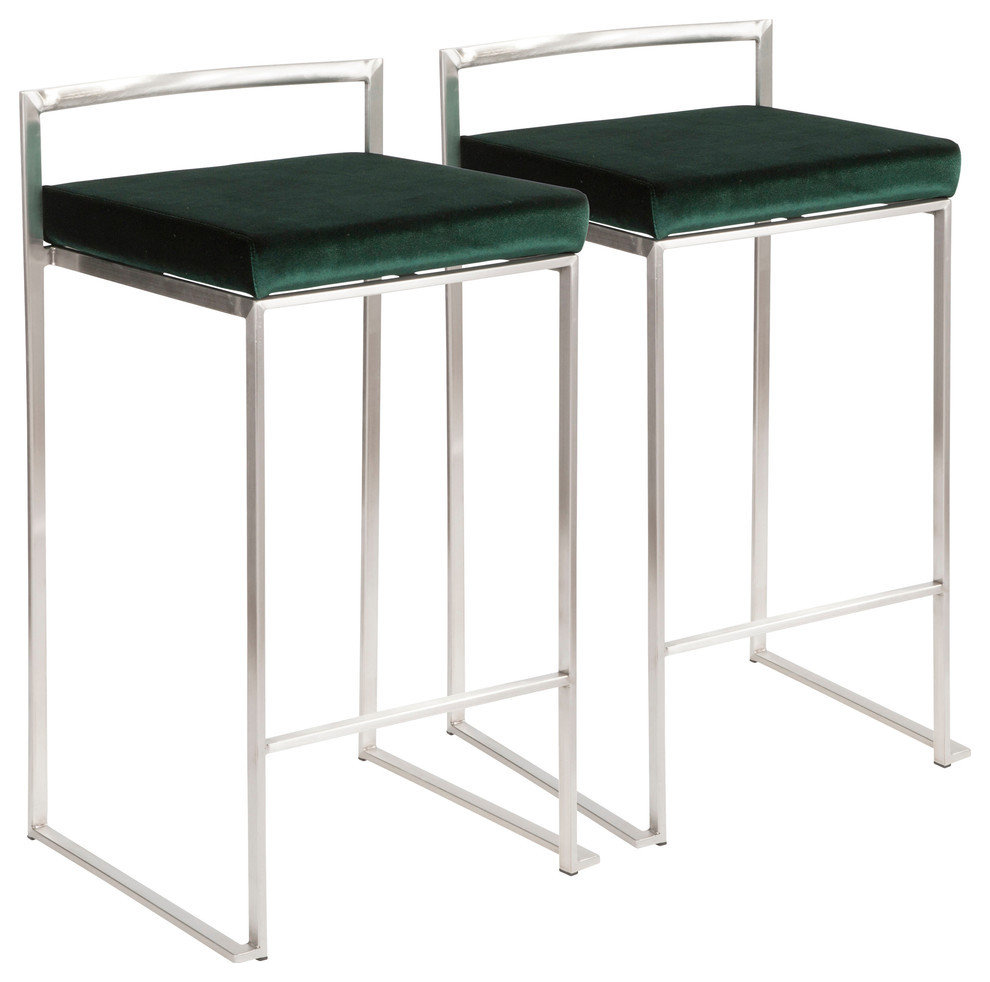 LumiSource Fuji Counter Stool Set of 2, Green Velvet Cushion, Steel Frame