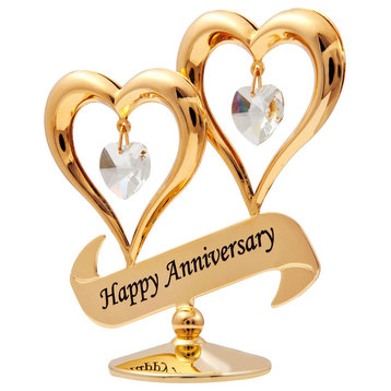 24K Gold Plated Happy Anniversary Inscribed Double Heart Ornament