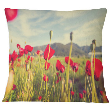 Wild Red Poppy Flowers in Field Flower Throw Pillow, 16"x16"
