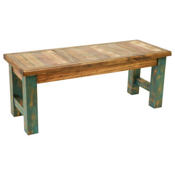 Rustic Reclaimed Wood Bench, Turquoise, 60"