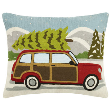 Wagon With Xmas Tree Crewel Embroidered Pillow