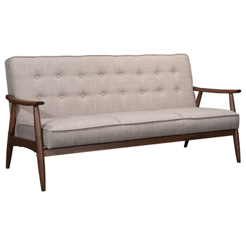 Retro Modern Button Tufted Sofa, Wood Arm, Beige Poly-Linen