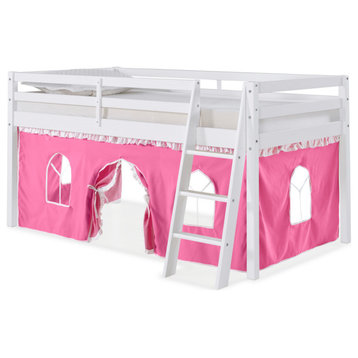 Roxy Twin Wood Junior Loft Bed, White, Blue and Red Tent, Bed Color: White, Tent: Pink