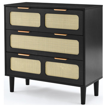 TATEUS 3 drawer dresser, modern rattan dresser cabinet, Black