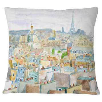 City of Paris Watercolor Cityscape Throw Pillow, 16"x16"