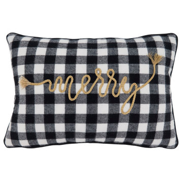 Down-Filled Throw Pillow With Buffalo Plaid Merry Design, 12"x18", Black/White