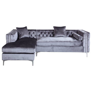 Elegant Sectional Sofa, Silver Painted Legs With Velvet Seat & Tufted Back, Gray
