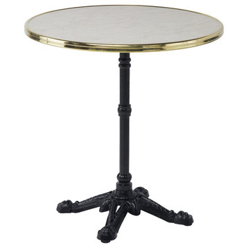 Rive Gauche 27.5"Dia. Parisian Bistro Table, Black Base, White Marble Top, Brass Strapping