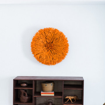 Orange Cameroonian JuJu African Ceremonial Feather Headdress in Entry with Books
