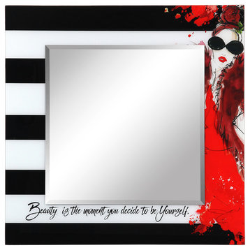 "Fashion" Square Beveled Wall Mirror on Floating Printed Tempered Art Glass