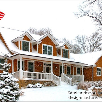 Twin Cities Suburban Farmhouse - Winter Snowscape. Minnesota Landscape Design.