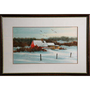James Feriola, Red Barn In The Snow, Watercolor Painting