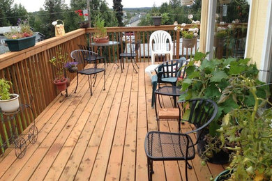 Patio container garden - mid-sized traditional courtyard patio container garden idea in Other with decking and no cover