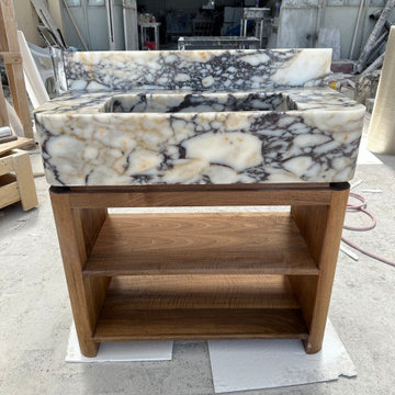 Custom Calacatta Viola Marble Sink with Walnut Vanity