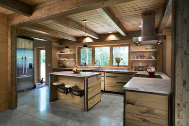 Kitchen - rustic concrete floor and gray floor kitchen idea in Bridgeport with an undermount sink, open cabinets, window backsplash and an island