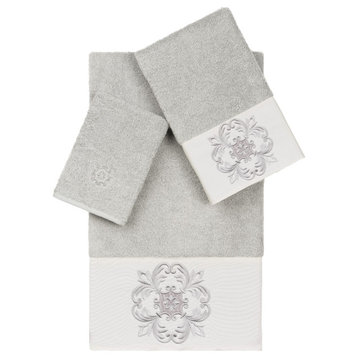 100% Turkish Cotton Alyssa 3-Piece Embellished Towel Set, Light Gray