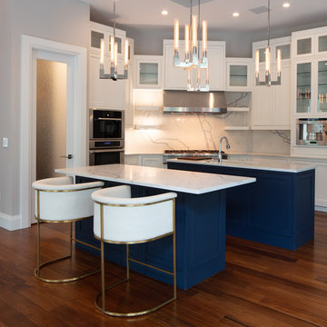 White Beaded Inset Cabinets with Double Navy Island