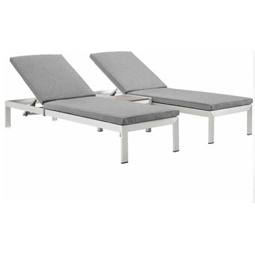 Modway Shore 3-Piece Outdoor Aluminum Chaise with Cushions in Silver/Gray