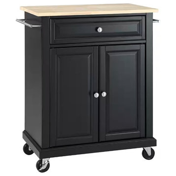 Crosley Furniture Natural Wood Top Portable Kitchen Cart in Black