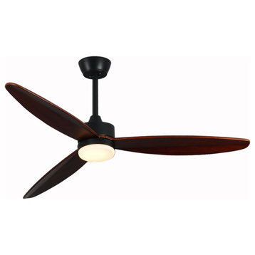 48" Modern LED Ceiling Fan made of Solid Wood with Remote Control, Black, Dia59.8xh11.0", Black Blades, Without Lamp