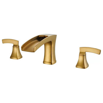 Modern Bathtub Faucet, Waterfall Spout With 2 Lever Handles, Brushed Gold