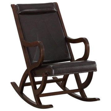 Modern Rocking Chair, Walnut Wooden Frame With Black PU Leather Seat & Back
