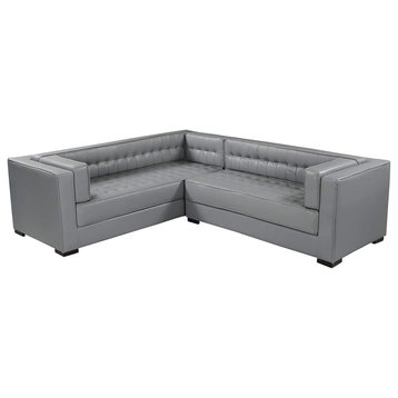L-Shaped Sectional Sofa, Tufted Upholstered Seat & Shelter Arms, Grey/Pu Leather