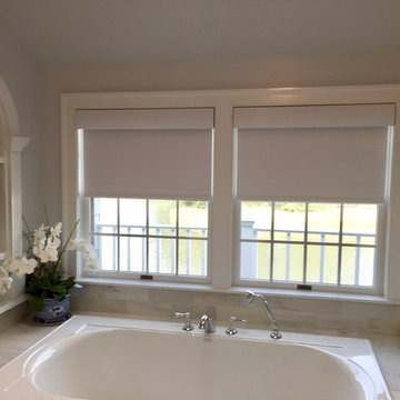 Lutron Electronic Shades in blackout fabric half way for sun control