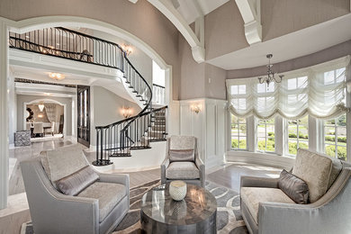Living room - large transitional formal and open concept light wood floor living room idea in Chicago with gray walls, a standard fireplace, a stone fireplace and no tv