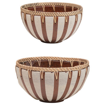 Handmade Decorative Terra-cotta Bowls With Woven Rattan Rims, 2-Piece Set