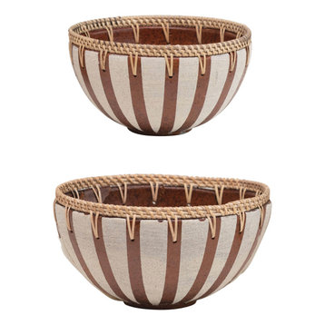 Handmade Decorative Terra-cotta Bowls With Woven Rattan Rims, 2-Piece Set