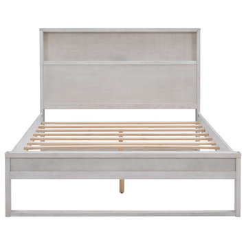 Gewnee Wood Full Platform Bed with Storage Headboard in Antique White