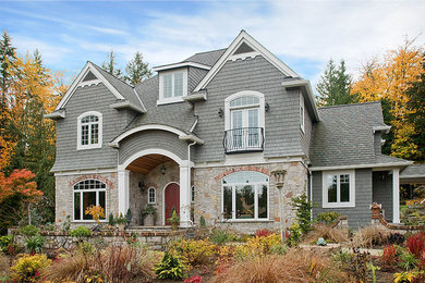 Traditional gray three-story mixed siding exterior home idea in Seattle