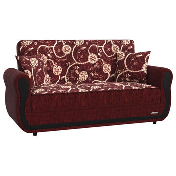 Convertible Loveseat, Padded Chenille Fabric Seat With Floral Pattern, Burgundy