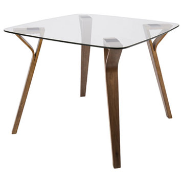 Mid Century Modern Dining Table, Tapered Legs With Curved Glass Top, Brown