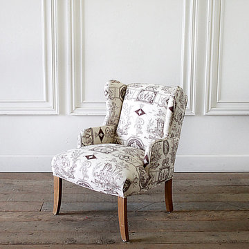 Vintage Petite Wing Chair Upholstered in Brown Toile Fabric